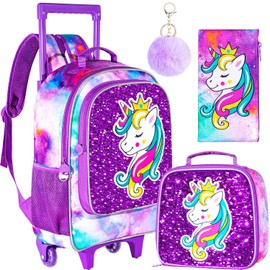 FTJCF 3Pcs Rolling Backpack for Girls, Kids Unicorn Roller Bookbag with Wheels, Wheeled School Bag Set for Elementary - Purple