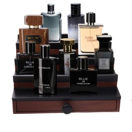 Fengligoo Cologne Organizer for Men - 4 Tier Brown Black Wooden Cologne Display Stand with Drawer and Hidden Compartment, Mens Cologne Holder Shelf for Organizing and Storing