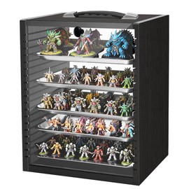 Miniature Storage Case for Collectibles Miniatures, Wooden Miniature Display Cases with 5 Trays, Transparent Front and Back for Better Display, Miniatures Transport Case, Black