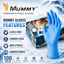 Mummy - Guantes de nitrilo con textura azul de 4 mil, guantes desechables sin polvo para tatuajes, salón de belleza, limpieza en el hogar, jardinería, etc. (S-100)
