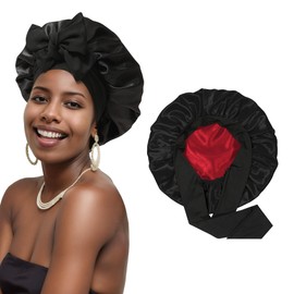 KUJUHA Bonnet for Curly Hair Silk Bonnet for Sleeping Women Satin Sleep Bonnet Double Layers Adjustable Bonet with Tie Band
