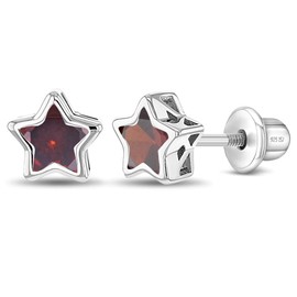 925 Sterling Silver CZ Simulated Garnet Birthstone Bezel Set Stars Screw Back Earrings For Toddlers & Little Girls - Beautiful Red CZ Star Earrings For Children - Girls Star Earrings