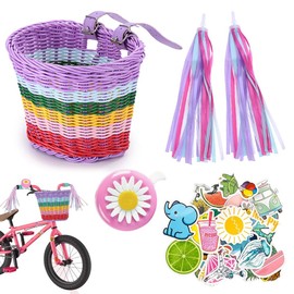 KBIBCK Kids Bike Basket, Scooter Basket, Bike Basket Front Kids, Handwoven Cycle Basket for Kids with Spare Leather Straps, Easy Install Detachable