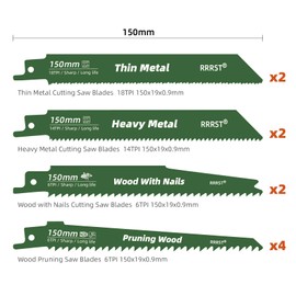 RRRST 10-Piece Reciprocating Saw Blades Set, 4 Different Types 150 mm Reciprocating Saw Blades for Cutting Metal, Wood and Wood with Nails, with Organiser Case, Simple and Durable