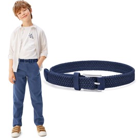WHIPPY Children's belt, elastic unisex braided elastic stretch belt, woven belt for boys and girls, leather end tip with pin buckle, 3 cm wide, E-blue.