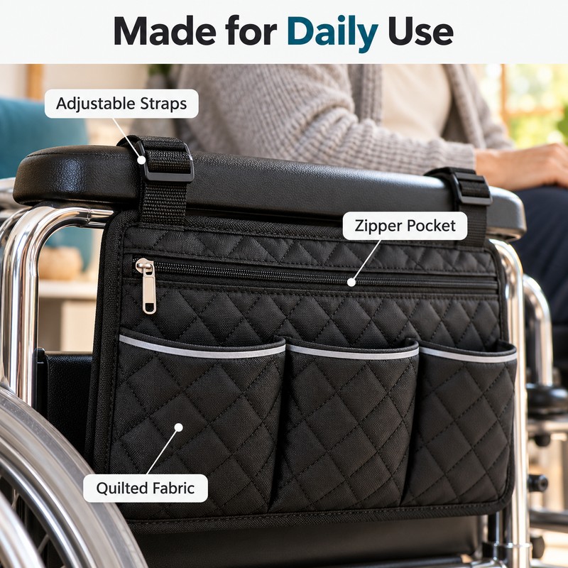 Wheelchair Side Bag – Black Armrest Organizer Pouch with 3