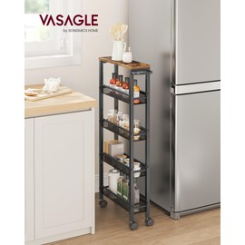 VASAGLE Slim Rolling Cart, 5-Tier Storage Cart, Narrow Carts with Handle, 5.1 Inches Deep, Metal Frame, for Kitchen, Dining Room, Living Room, Home Office, Rustic Brown and Classic Black ULRC034B01