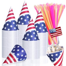 Disposable Snow Cone Cups and Spoon Straws American USA Flag Leakproof Paper Cone Cups for Slush Shaved Ice Cream Sorbet Water Patriotic 4th of July Independence Day Party (400 Pcs, 4.5 OZ)