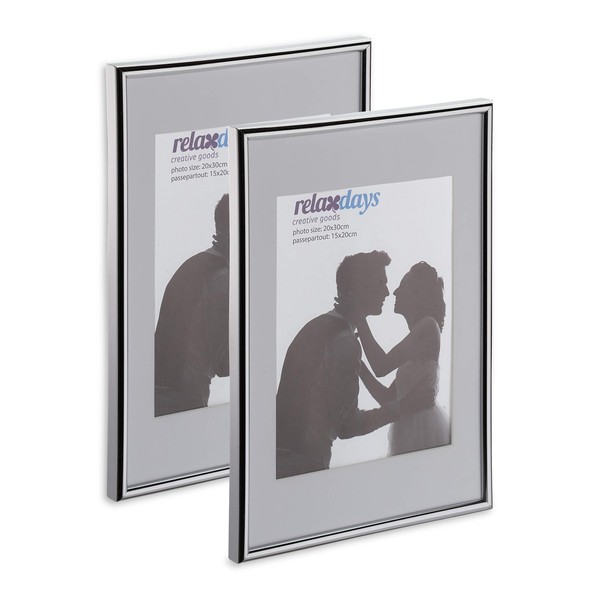 Relaxdays Photo Frame Set of 2, 20 x 30 cm, Passepartout 15 x 20 cm, Standing or Hanging, Silver