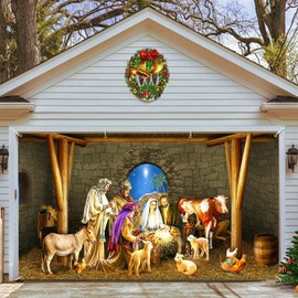 Ratoyal Christmas Nativity Garage Door Banner 16 x 7 ft, Nativity Scene Murals Christmas Garage Decorations Cover Extra Large Merry Christmas Backdrop Background for Photo Xmas Holiday Garage Banner