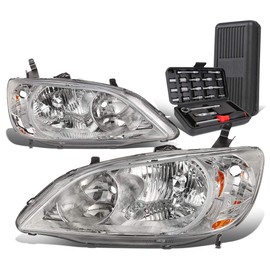 OE Style Chrome Housing Amber Corner Headlight Lamps+Tool Kit Compatible with Honda Civic Sedan Coupe 04-05