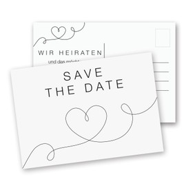 15 Postcards Save the Date I DIN A6 I Heart Line I Set Wedding Invitation Cards I Black White Elegant I dv_1278