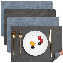 Myir JUN Placemats Dual Sided, Faux Leather Place Mats Set of 4 Indoor Placemats for Dining Table Outdoor Placemats Square Non-Slip Washable Table Mats (Gray Light Blue, Set of 4)