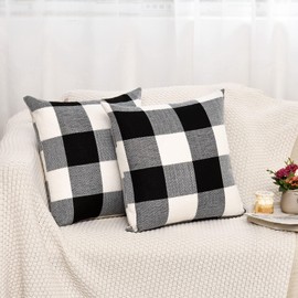Tosewever Set of 2 Buffalo Check Plaid Pillow Covers Farmhouse Rustic Pillow Cases, Cotton Linen Throw Pillow Covers Cushion Case for Home Decor Car Bed Sofa Couch (18" x 18", 2 Pack Black & White)