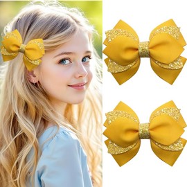 2PCS 4" Glitter Ribbon Hair Bow Clips Sparkly Sequins Alligator Barrettes Hairpin Girls Hair Bows Clips Hair Accessories Toddler Teen Girls Kids Back School (Yellow)