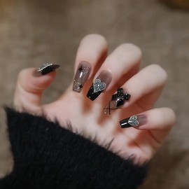 CC Nail Attaching Gel Nail Tips Artificial Nails Black Ribbon Glitter Heart Diva Style 24p, 1 Piece, T-132 / 씨씨네일 붙이는 젤 네일팁 인조손톱 블랙 리본 글리터 하트 디바 스타일 24p, 1개, T-132