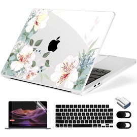 MecBevia Compatible with MacBook Air 15 inch Case, M4 A3241/M3 A3114/M2 A2941 (Released 2025 to 2023), Hard Shell, Keyboard Cover, Screen Protector, Webcam Cover & Type-C Adapter, White Alstroemeria