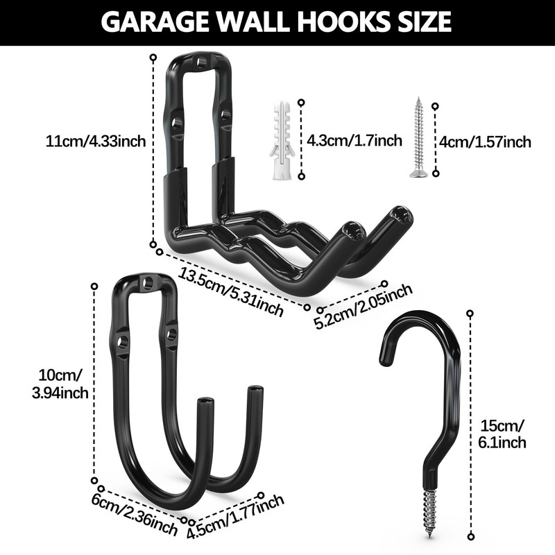 3-H Wall Hooks Garage Pack of 6 Tool Hooks All-in-One
