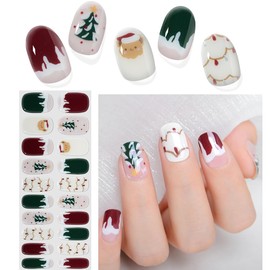 Christmas Semi Cured Gel Nail Strips, Snowflake Winter Gel Nail Stickers Long Lasting Cute Green Red Snow Xmas Tree Elk Holiday Semicured UV Nail Wraps UV Light Required for Women Girls(20Pcs)