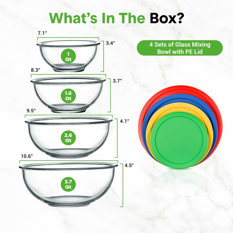 NutriChef 4‑Piece Glass Mixing Bowls with Lids – Premium Borosilicate