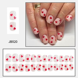 Valentine's Day Press on Nails Short Square Shape Fake Nails with Red Heart Design Cute Manicure Art Fake Nails Gel Glue on Nails, Glossy White Acrylic False Nails Stick on Nails for Women Girls 24Pcs