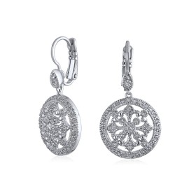 Vintage Style Bridal Sorcerer Shield Circle Round Compass Cubic Zirconia CZ Prom Dangle Earrings Silver Plated Brass