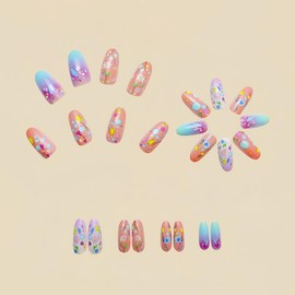 Colorful Flower Press on Nails Almond Medium QUNQINLI Fake Nails Glossy Ombre False Nails Press ons Cute Glue on Nails Spring Floral Design Artificial Acrylic Nails for Women Manicure