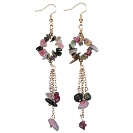 TUMBEELLUWA Chips Stone Chain Drop Earrings Chakra Healing Crystal Hook Eardrops Dangle Drop Jewelry for Women, Tourmaline