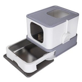 RIZZARI Stainless Steel Cat Box: Enclosed Design with High Walls - Light Gray - Teflon Non-Stick Coating - Large Anti Leakage Litter Pan for Odor Control for Living Room Garage