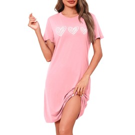 Marvmys Womens Short Sleeved Cotton Blend Jersey Nightshirts Nighties for Women Cotton Nightdress Sleep Tee Heart Print Designs Nightwear Soft Sleepwear Loungewear Pink XL