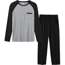 MoFiz Men's Pajama Set Long Sleeve Crew Neck Shirts Bottom Pants Modal Soft & Comfortable Sleeping Well Made Light Weight Jammies Suit (B-Black,M)
