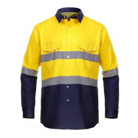Just In Trend High Visibility Hi Vis Reflective Safety Work Shirts (Large, Yellow/Navy Blue)