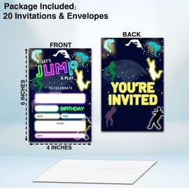 Trampoline Park Birthday Party Invitation Cards, Bounce House Glow Neon Double-Sided Party Invitation For Teens Boys & Girls-Kid's Party Celebration Supplies, 20 Fill-In Invitations With Envelopes-B06
