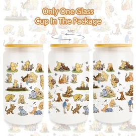 Pfkfo Pooh Bear Gifts for Women Friends, Cute Pooh Bear Design Gifts for Woman, Pooh Lover Gift, Pooh Bear Cup, Friendship Gift Pooh Bear, 16oz Iced Coffee Glass Cup with Lid and Straw