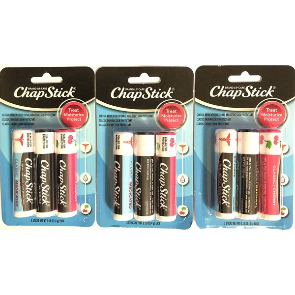 Chap Stick Lip Care - Variety Package - 1x Classic Medicated, 1x Classic Original, 1x Classic Cherry Per Package - Pack of 3 Packages (Total of 9 Lip Balm Sticks)
