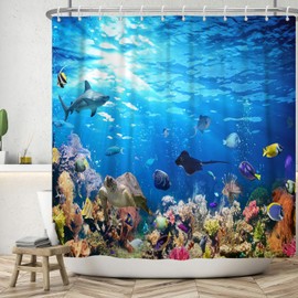 Sea Floor Shower Curtain 180 x 180 cm, ASDCXZ Blue Deep Sea Ocean Colourful Underwater World Shark Turtle Fish Bath Washable Shower Curtains Polyester Textile Waterproof Bath Curtain for Bath with 12