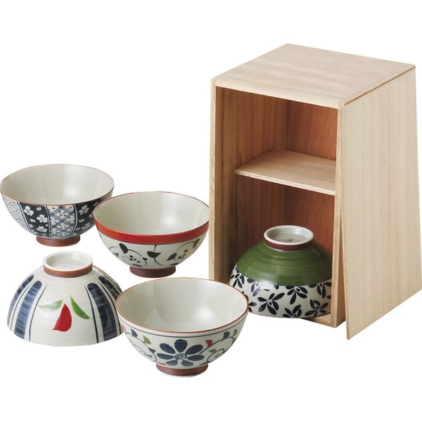 Saikai Pottery 31651 Hasami Ware Rice Bowl, Dyed Nishiki Irodori, Wooden Box, Diameter 4.5 inches (11.5 cm), Set of 5