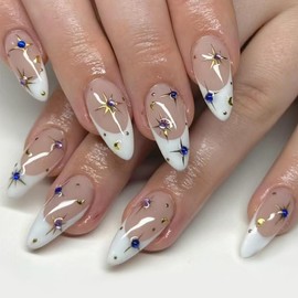 French Tip Press on Nails Medium Almond Fake Nails Star Acrylic Nails with Rhinestone Artificial Nails White Nail Tip False Nails Glossy Glue on Nails for Women Manicure 24Pcs
