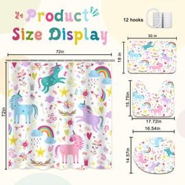 KINUUIS Unicorn Bathroom Set Colorful Pink 4 Pcs Shower Curtain Sets with Non-Slip Rugs Toilet Lid Cover and Bath Mat Set, Girls Ttoddler Bathroom Decor with 12 Hooks