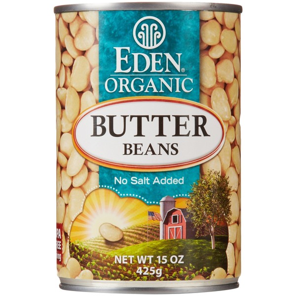 Eden Organic Organic Butter Beans, 15 oz Can, No Salt, Non-GMO, Gluten Free, Vegan, Kosher, U.S. Grown, Heat and Serve, No Preservative, Macrobiotic, Baby Lima Beans