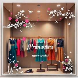 Large Spring Window Sticker - 200 x 200 cm - Decorative Stickers for Shop Showcases with Cherry Flowers, Branches, Birds and Butterflies - White and Pink