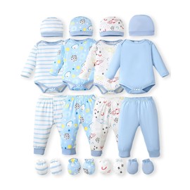 NZRVAWS Preemie Newborn Baby Boy Girl Clothes Infant Clothing Romper Pants Hat 4-Pack Outfits Set Hat Layette Essentials Mitten 20 Pieces Blue