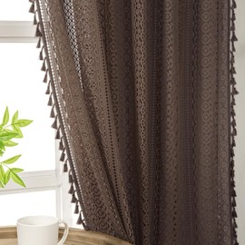 WAZZIO Chocolate Brown Sheer Curtains 84 Inch Length 2 Panels Rod Pocket Tassel Boho Crochet Lace Curtains Light Blue Bedroom Living Room Curtains See Through Privacy Curtains for Boys Room