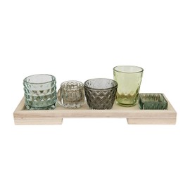 Creative Co-Op Glass Votive/Tealight Holders on Wood Tray (Set of 5 Pieces) Candleholder, Blue