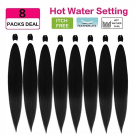 Meiersi Pre Stretched Braiding Hair Black Braiding Hair 8 Packs Easy Braids Hair Yaki Straight Hot Water Setting Synthetic Braid Hair Extensions for Crochet Hair Braiding Twist(1B), 36 Inch-8Pcs