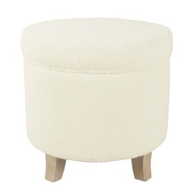 HomePop Round Transitional Faux Sheepskin Fabric Storage Ottoman Home Décor|Upholstered Round Foot Rest Ottoman- Light Cream Large
