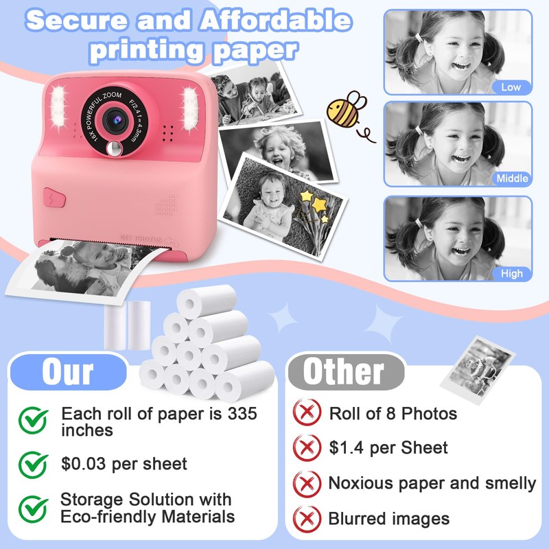 Instant Print Camera for Kids Compatible 12 Rolls Thermal Print