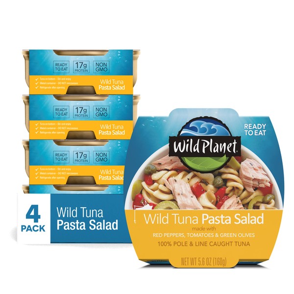 Wild Planet Ready-To-Eat Wild Tuna Pasta Salad With Organic Red Peppers, Tomatoes & Green Olives, Tuna Salad, 5.6oz, Pack Of 4