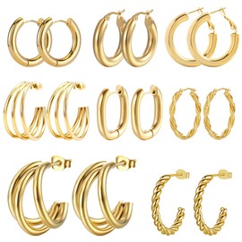 8 Pares de Aretes Mujer, Pendientes Hipoalergénicos, Pendientes Largos Dorados de 14k, Pendientes Abiertos Huecos, Regalos de Joyería de Moda Para Mujeres