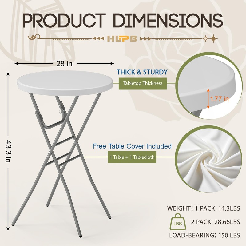 HLPB 28" Round Folding Table with Cover, Foldable Bar Height